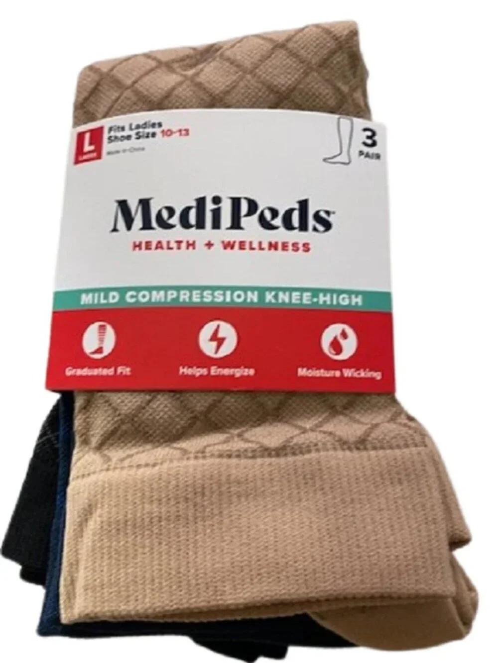 MediPeds 3 Pair Women's Mild Compression Fancy Knee High Socks, Shoe Size 10-13